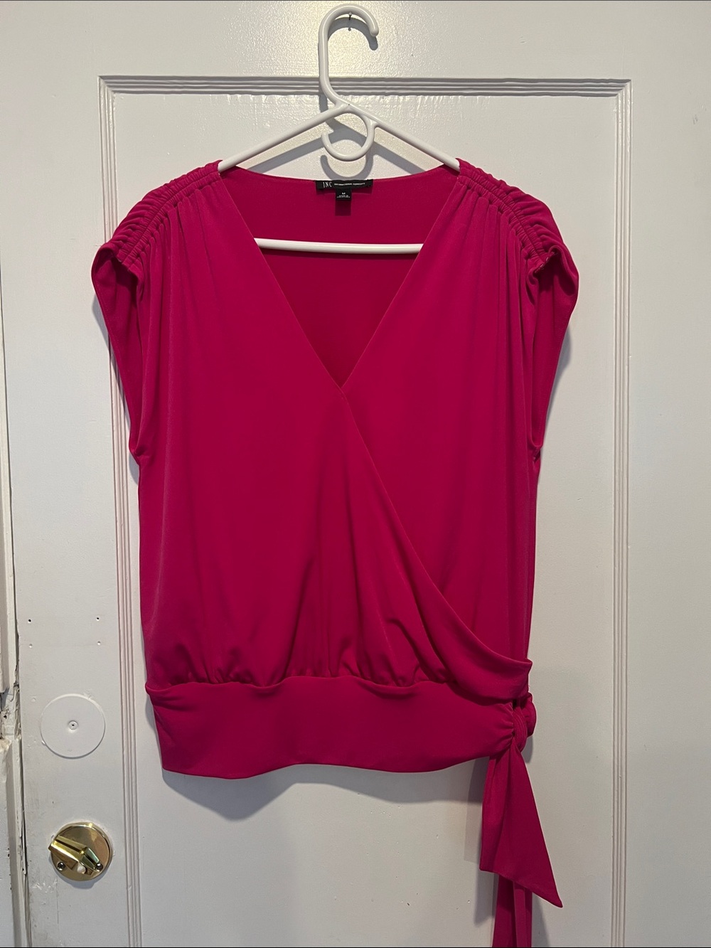 INC International Concepts Hot Pink Wrap-Front Cap Sleeve Blouse